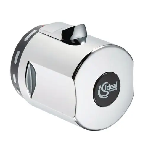 Chromfarbener Temperaturgriff mit runder Form und seitlichem Hebel, versehen mit dem Logo von Ideal Standard.